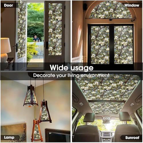White Magnolia Floral Tree Green Leaf Vintage Stained Glass Window Films Decorative Double-Side Privacy Film Self-Adhesive Static Clings for Living Room Bathroom Glass Windows Decor - Image 5
