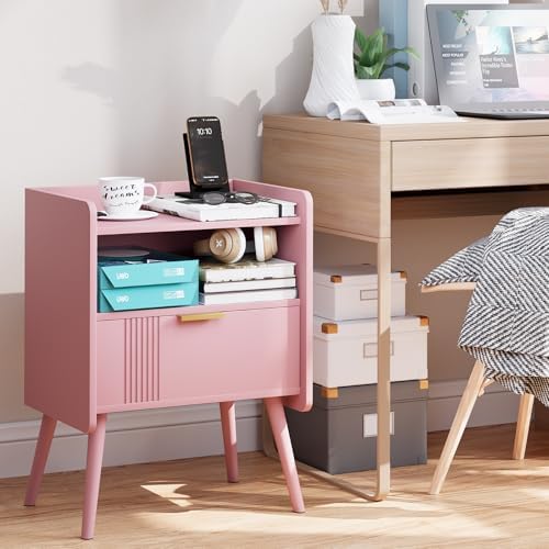 Aenuert Night Stand Modern End Table with Storage Drawer and Open Shelf, Small Bedside Stand, Wooden Sofa Side Table for Bedroom,Study Room and Small Spaces (Pink) - Image 3