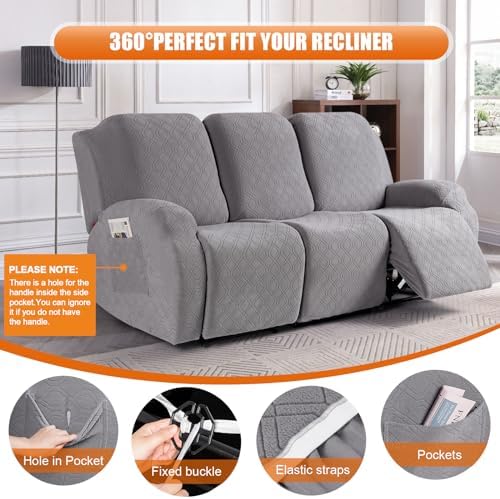 VANSOFY Stretch Recliner Couch Cover, Slipcover, Light Gray, 3 Seater - Image 5