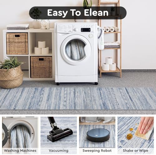2x6 Runner Rug Machine Washable Non Slip Area Rug Distressed Neutral Moroccan Boho Rug Ultra Soft Floor Runners for Hallways for Entryway Laundry Room Kitchen, Blue - Image 6