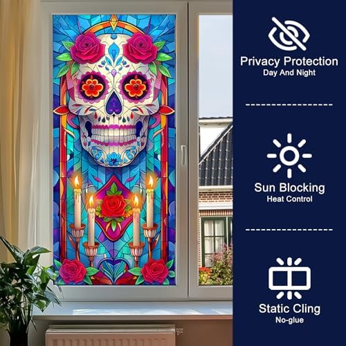 HOMETITUTE Day Dead Skull Flowers Privacy Window Cling 17.7x39.3 PVC - Image 2