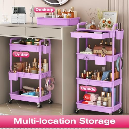 Goovilla Rolling Makeup Organizer Cart with Removable Drawer, 3 Tier Purple - Image 6