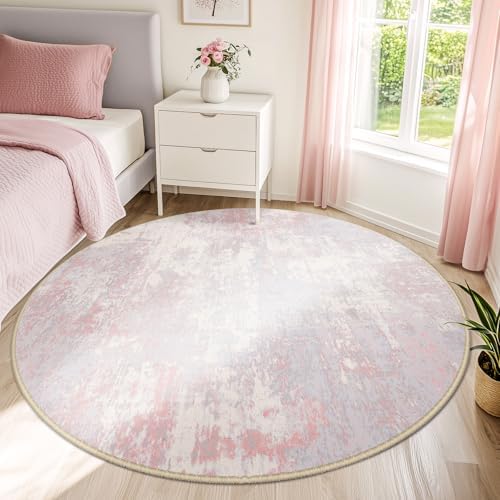 RELEANY Washable Round 6ft Area Rug for Living Room Gray Pink by RELEANY