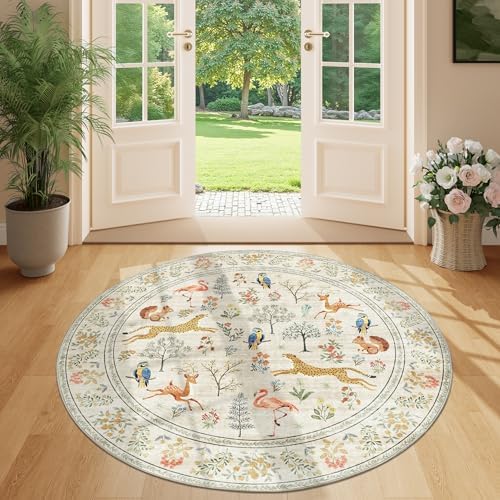 DUKINO 4ft Round Rug, Washable Animal Small Round Area Rug Non Slip, Beige by DUKINO