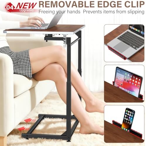 Extra Large Heavy Duty TV Tray Table, 23.6" Folding C-Shaped Laptop Desk for Couch & Bed, Height & Tilt Adjustable Overbed End Table with Phone/Tablet Slot, Easy Clean Walnut Finish for Small Spaces - Image 5