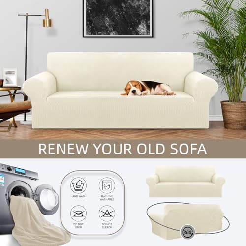 KEKUOU Stretch Couch Covers for Sofa, 3 Cushion Couch Slipcover,Beige - Image 3