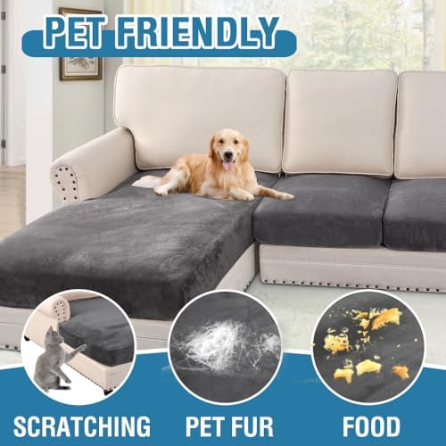 H.VERSAILTEX Velvet Stretch Sectional Sofa Covers - 4 Piece Seat Cushions for L Shape Sectional Couch (Large 3 Seater + 1 Chaise, Grey) - Image 3