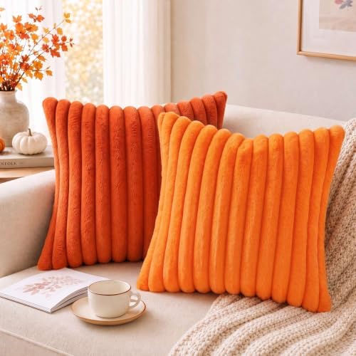 Pallene Faux Fur Fall Throw Pillow Covers 22x22 Set of 2, Burnt Orange - Image 4