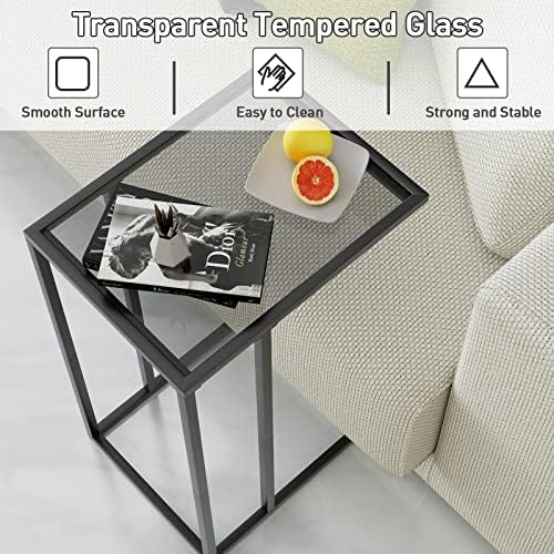 C Shaped End Table Set of 2, Sofa Couch Side Table, Tempered Glass Snack TV Tray Table with Metal Frame for Small Space,Living Room, Bedroom, Bedside,Modern Style, Black,2PCS - Image 4