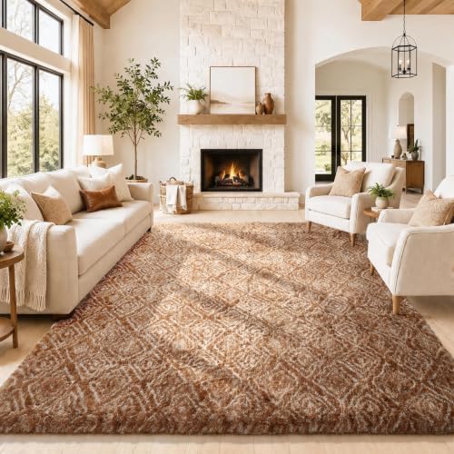 Ophanie 8x10 Brown and White Diamond Striped Rugs for Living Room,Large Fluffy Shag Fuzzy Plush Soft Carpets,Shaggy Rug for Bedroom,Carpet for Kids Boys Girls Dorm Decor with Over 99 pcs Pile fibers by Ophanie