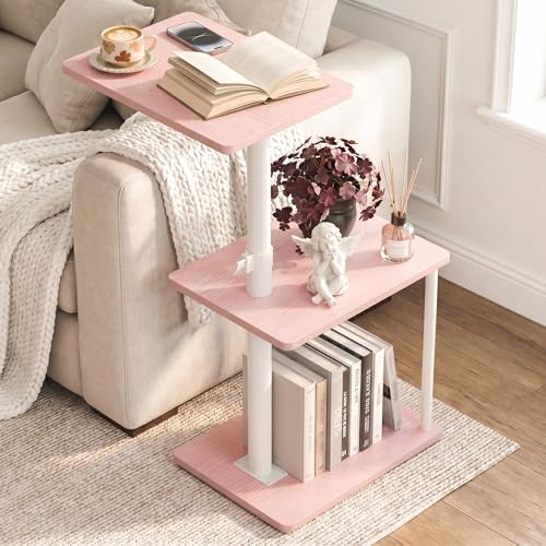 Faesun Swivel Side Table for Couch Arm, Adjustable C End Table for Recliner or Bed, Tv Trays with Storage Shelf for Small Spaces Small Nightstand Table for Living Room, Bedroom，Pink by Faesun