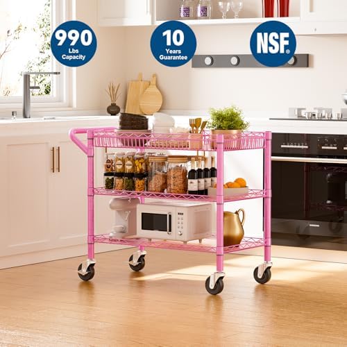 WDT Pink Rolling Utility Cart with Wheels, 990Lbs Heavy Duty Metal Cart with Handle & Shelf Liners, NSF Certified 3-Tier Storage Trolley for Esthetician, Kitchen, Salon & Craft Room, Pink - Image 2