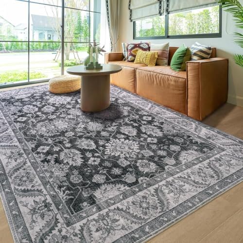Hanples 4x6 Area Rugs for Living Room, Washable Rug Vintage Floral, Gray - Image 2