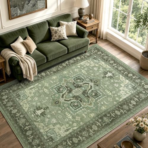 4x6 Ft Area Rugs for Living Room, Soft Non-Slip Machine Washable Rug, Vintage Stain Resistant Carpets for Bedroom Nursery Dining Room Home Decor (Green) by Lo%CC%80utiRootHome