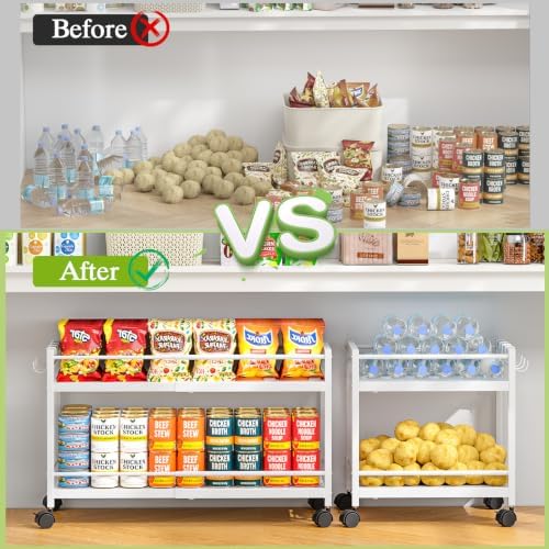 1 Pack 2-Tier Expandable Pantry Floor Organizer Cart, Rolling Pantry Storage Cart with Wheel, Adjustable Can Organizer for Kitchen Pantry, Pantry Shelves and Storage Rack for Snacks, Vegetables, White - Image 5