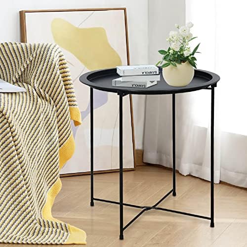 Garden 4 you End Table Metal Side Table Black Round Folding Tray Cyan Sofa Small Accent Fold-able Table, Round End Table Tray, Next to Sofa Table, Snack Table for Living Room and Bed Room - Image 2