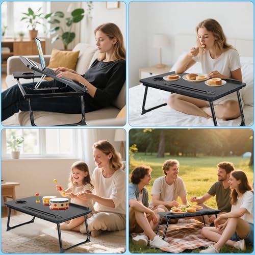 Laptop Bed Desk, Adjustable Lap Desk, Small Laptop Table with USB Charge Port, Desktop Card &Pen Slot, Cup Holder, Foldable Bed Tray Table for Couch Sofa Chair Floor Eating Working - Image 6