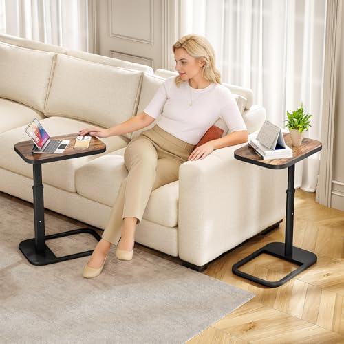 Kitstorack Adjustable Height C-Shaped End Table, 9-Level Side Table with Thickened Metal Rounded Edge, Couch Table Slides Under Sofa or Bed, Eating, Working, TV Tray Table for Small Spaces, Brown - Image 2