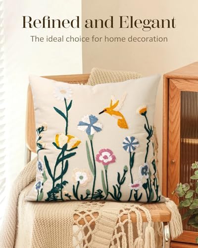 Embroidered Throw Pillow Cover 18x18 Inch, Flower Bird - Image 5