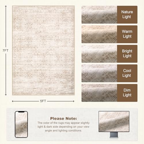 5x7 Area Rugs Living Room: Washable Rug for Bedroom Beige Brown - Image 2