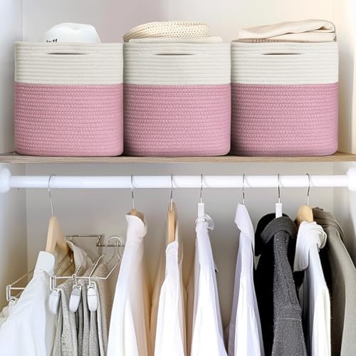 11x11 Cube Storage Bin - 3 Pack Woven Storage Cubes Organizer, 11 Inch Cotton Rope Baskets for Organizing, Decorative Square Shelf Baskets Closet Bins, Toy Boxes for Girls, Pink Room Decor - Image 5