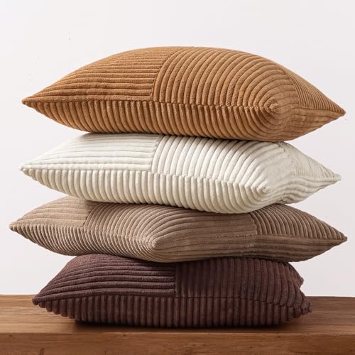 MIULEE Brown Throw Pillow Covers 18x18 Inch Set of 4 Boho Farmhouse Cushion Cases Neutral Gradient Corduroy Pillow Cases with Invisible Zipper Patchwork Home Decor for Couch Sofa Bed - Image 5