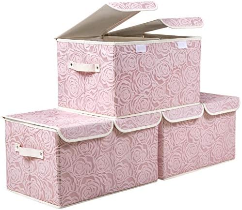 PRANDOM Large Stackable Storage Bins with Lids Fabric Decorative Storage Box Cubes Organizer Containers Baskets with Cover Handles Divider for Bedroom Closet Living Room 17.3x11.8x9.8 Inch 3 Pack by Prandom