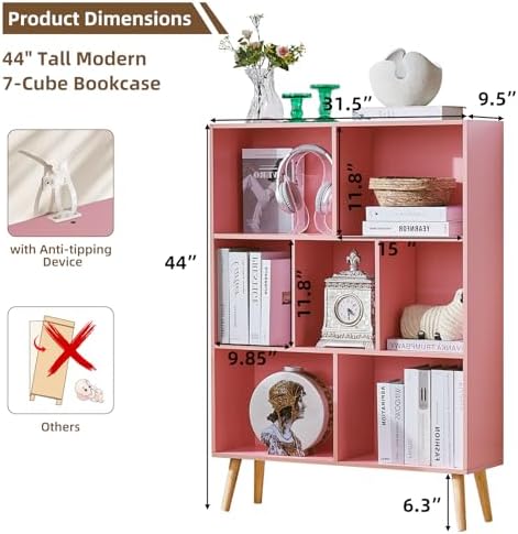 LEYAOYAO Cube Bookshelf, Mid-Century Modern Book Shelf with Legs,Light Pink - Image 2