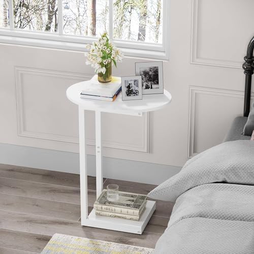 Hosfais Small Side Table End Table, C Shaped Oval Coffee Table, Wooden TV Tray for Living Room, Bedroom, Couch, Small Spaces (White) - Image 2