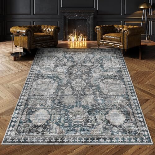 RUGSURE Washable Area Rugs - Perfect for Living Room, Bedroom, Kids Room, Nursery - Stain & Water Resistant Non-Slip, Pet & Child Friendly, Vintage Tribal Area Rugs (Grey and Blue, 5' x 7') by RUGSURE