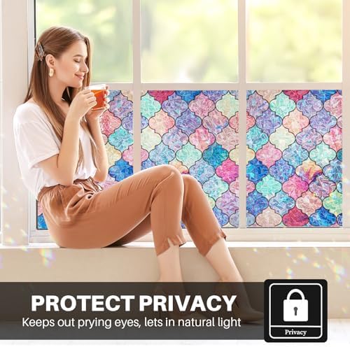 Stained Glass Window Film, Rainbow Decorative Window Privacy Film with No-Glue, Static Cling Glass Covering Window Tint Sticker for Home Decor & Heat Blocking, 17.3 x 157.4 Inches - Image 2