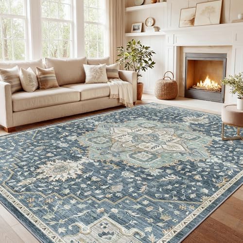 AMADA HOMEFURNISHING Washable Area Rug, Low-Profile Large Area Rug with Non-Slip Backing & Durable Edge Binding, Vintage Large Rugs for Living Room, Bedroom, Dinning Room (8x10, Blue/Yellow) by AMADAHOMEFURNISHING