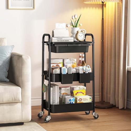 KINGRACK 3 Tier Metal Rolling Cart with Drawer, Black Utility Storage Cart | 2 Cups & 4 Hooks, Lockable Wheels, Trolley Organizer for Bathroom, Kitchen, Office, Nursery, Dorm, Laundry, Craft Room - Image 2