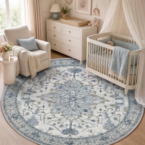 RELEANY Washable Area Rug, Round 5ft, Blue/White/Gray by RELEANY