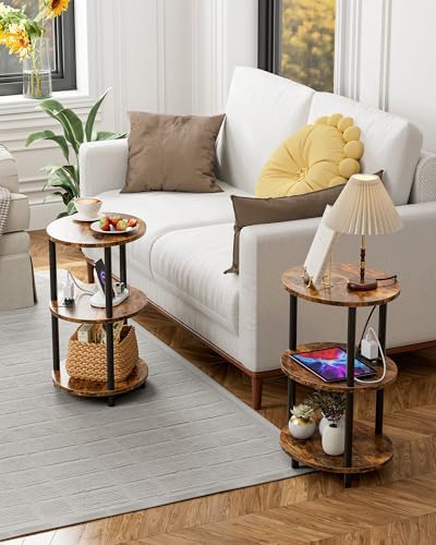 Small Round Side Table - 3-Tier Oval Accent Table for Small Spaces, Rustic Wood and Metal Nightstand for Living Room or Bedroom, with Built-in USB Ports and Power Outlet, Rustic Brown - Image 6