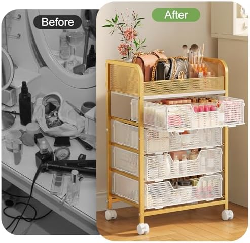 Hongtamoya Makeup Cart Organizer with 4 Drawers, Large Floor Skincare Organizers, Vanity Storage Organizer Cosmetics Display Cases for Skin Care Perfume Nail Polish, Gold - Image 5