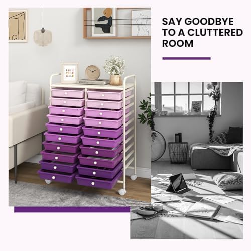 Giantex 20 Drawers Rolling Cart, Mobile Storage Drawer Cart, Classroom Organizer Cart for Office School Supplies Tools Scrapbook Paper Craft Small Printer, Utility Cart on Wheels, Gradient Purple - Image 7