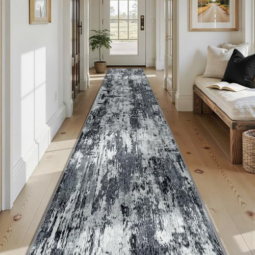 RELEANY Washable Runner 2'6"x14' Abstract Area Rug for Hallway Black White - Image 2