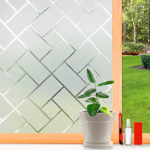 Frosted Glass Window Film Sun Blocking Window Tinting Film for Home, Static Clings Removable Frosting Bathroom Door Window Covering, 17.5 inch x 157.4 inch, White-Grid by windowfilm