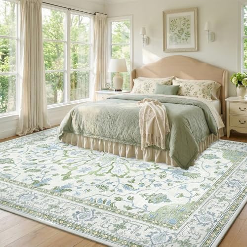 RELEANY Washable Area Rug, 7'x9', Green/White/Blue - Image 3