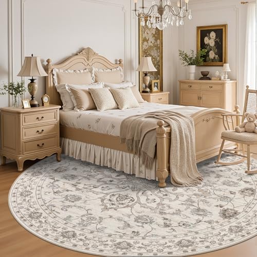 Round Area Rug for Living Room: 4ft Boho Washable Rug Brown Beige - Image 4