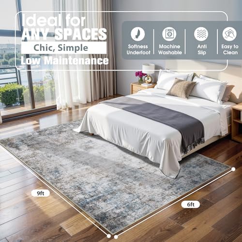 6x9 Area Rugs for Living Room Washable Bedroom Dining Room Brown Blue - Image 2