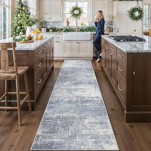 Washable 12ft Hallway Runner Rug: Non-Slip 2'6x12 Kitchen Rugs Low-Pile Entryway Rug Runner Abstract Soft Bedroom Floor Mat Farmhouse Carpet for Bathroom Living Room Dining Room(2'6x12,Blue/Ivory) by HYHAOYUNLAI