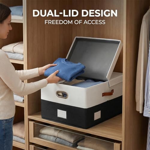 PRANDOM Storage Bins with Lids [3-Pack] Linen Fabric Foldable Storage Boxes Organizer Containers Baskets Cube with Cover for Bedroom Closet Office Grey&Black (23.4X15.9X11.4) - Image 3