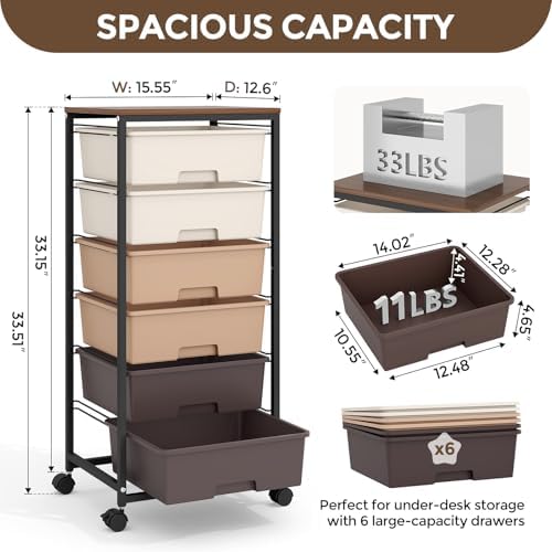 6 Drawer Rolling Storage Cart with Wooden Top and Wheels for Crafts,Brown - Image 3
