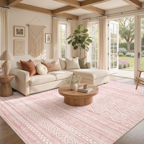 Nakagishi Area Rug Living Room Rugs: 6x9 Large Soft Machine Washable Boho Moroccan FarmNeutral Stain Resistant Indoor Floor Carpet for Bedroom Under Dining Table Home Office Decor-Pink - Image 2