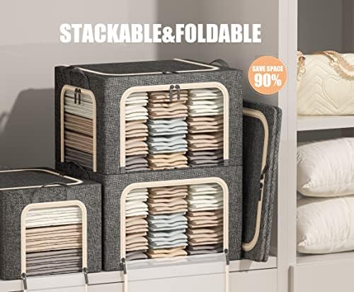 3 Openings Clothes Storage Bins with Metal Frame, Foldable Storage Bin for Clothes, Clothing Storage Bins with Lid, Linen Storage Box With Clear Window＆ Zippers＆ Durable Handles.(3 Pcs,Dark Grey,40L) - Image 2