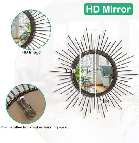 Large Sunburst Wall Mirror, Round Home Modern Metal Art Mirror for Bathroom Living Room Hallway Bedroom Balcony Farmhouse 24" x 24" - Image 7