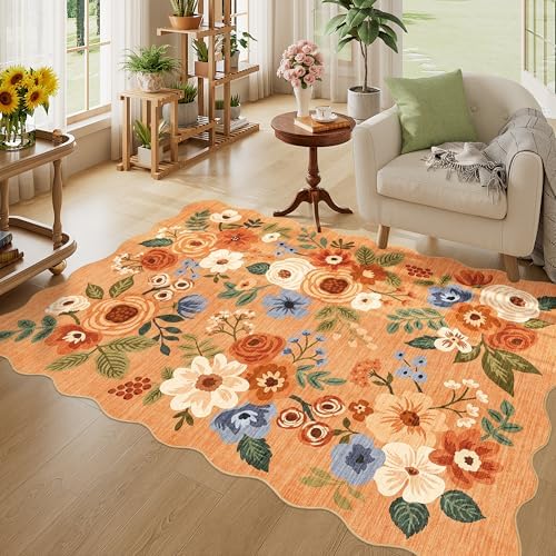 DUKINO 4x6 Area Rug, Non Slip Floral Washable Rug for Living Room, Orange by DUKINO