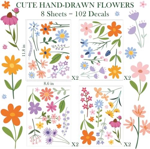 AOWDIAO Floral Wall Decals - 102 Pcs Peel and Stick Vinyl Flower Stickers - Assorted Varieties & Colors for Bedroom, Kids’ Rooms, Nursery, or Living Room Decor - Image 2